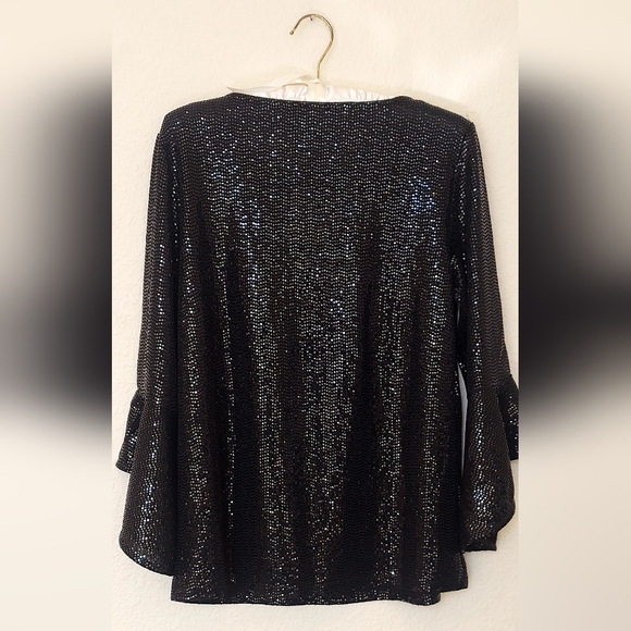NWT Anne Klein Black Sequin Women's Top Bell Sleeve SZ M - Picture 3 of 14